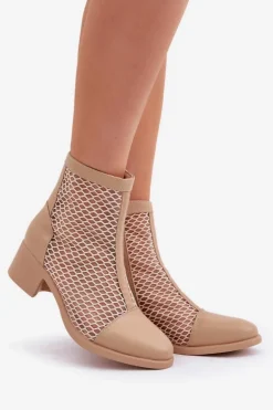 Siateczkowe Botki Damskie Na Obcasie Beżowe Lithyia
