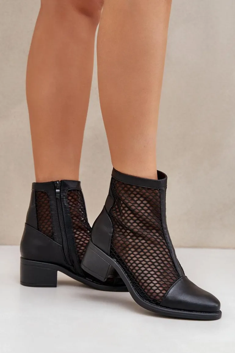 Siateczkowe Botki Damskie Na Obcasie Czarne Lithyia