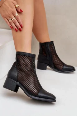 Siateczkowe Botki Damskie Na Obcasie Czarne Lithyia