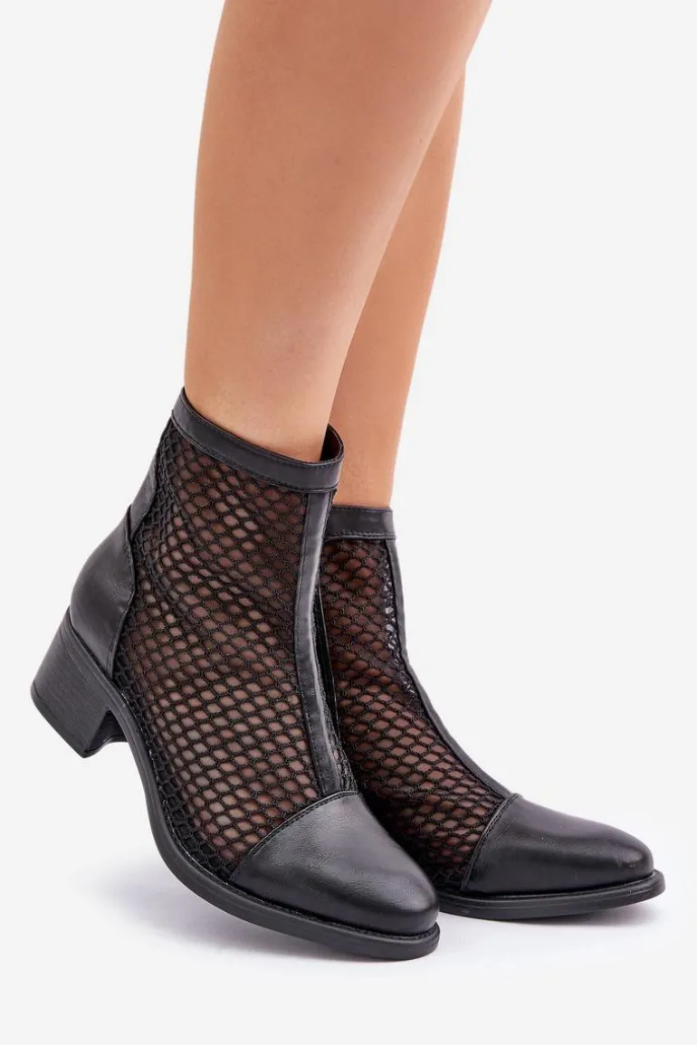 Siateczkowe Botki Damskie Na Obcasie Czarne Lithyia