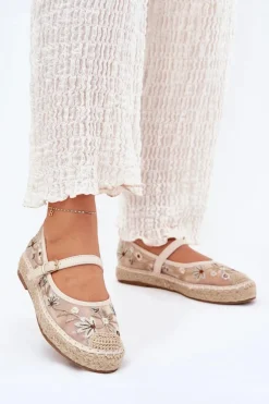 Siateczkowe Espadryle Z Haftem Na Platformie Beżowe Laxisa