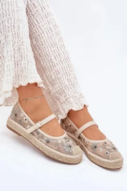 Siateczkowe Espadryle Z Haftem Na Platformie Beżowe Laxisa
