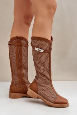 Siateczkowe Kozaki Na Płaskim Obcasie Do Połowy Łydki Brązowe Asgerda