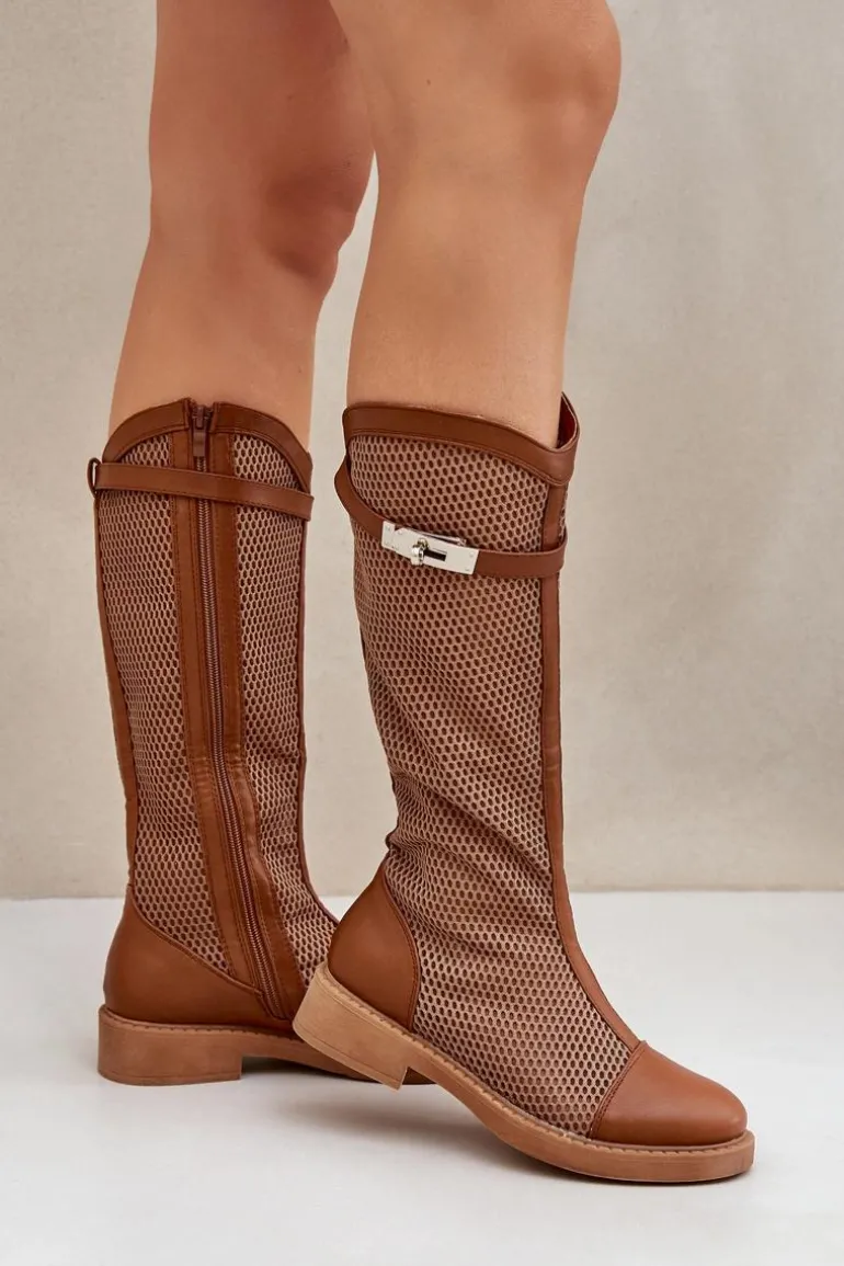 Siateczkowe Kozaki Na Płaskim Obcasie Do Połowy Łydki Brązowe Asgerda