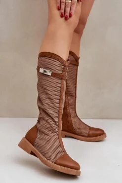 Siateczkowe Kozaki Na Płaskim Obcasie Do Połowy Łydki Brązowe Asgerda