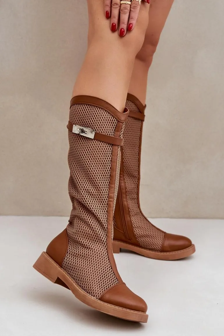 Siateczkowe Kozaki Na Płaskim Obcasie Do Połowy Łydki Brązowe Asgerda