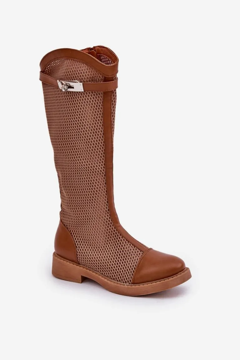 Siateczkowe Kozaki Na Płaskim Obcasie Do Połowy Łydki Brązowe Asgerda