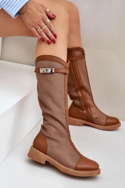 Siateczkowe Kozaki Na Płaskim Obcasie Do Połowy Łydki Brązowe Asgerda