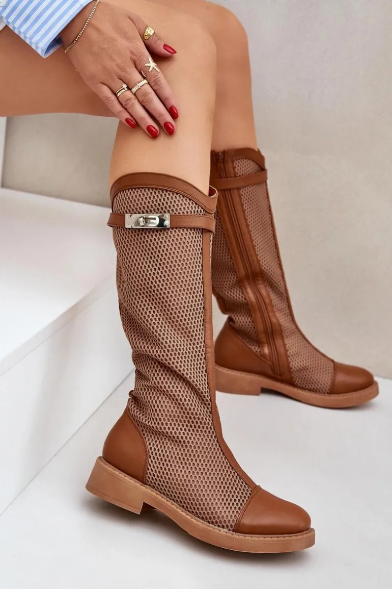 Siateczkowe Kozaki Na Płaskim Obcasie Do Połowy Łydki Brązowe Asgerda