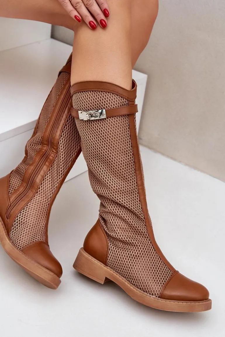 Siateczkowe Kozaki Na Płaskim Obcasie Do Połowy Łydki Brązowe Asgerda