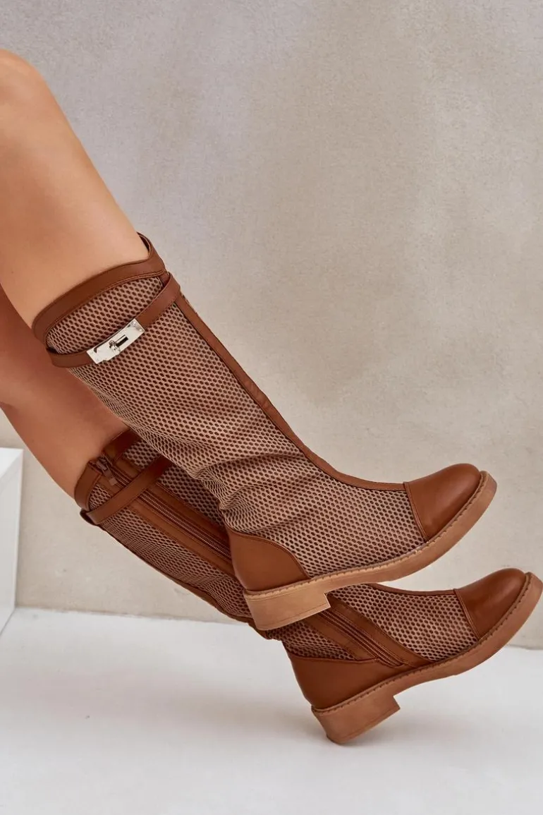 Siateczkowe Kozaki Na Płaskim Obcasie Do Połowy Łydki Brązowe Asgerda