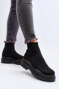 Skarpetkowe Botki Na Masywnej Podeszwie Wsuwane Damskie Czarne Elipara