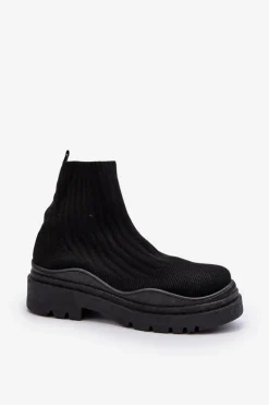 Skarpetkowe Botki Na Masywnej Podeszwie Wsuwane Damskie Czarne Elipara