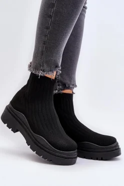 Skarpetkowe Botki Na Masywnej Podeszwie Wsuwane Damskie Czarne Elipara