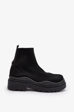 Skarpetkowe Botki Na Masywnej Podeszwie Wsuwane Damskie Czarne Elipara