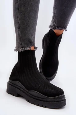 Skarpetkowe Botki Na Masywnej Podeszwie Wsuwane Damskie Czarne Elipara