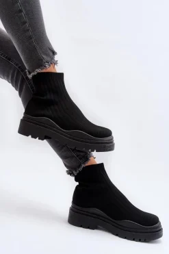 Skarpetkowe Botki Na Masywnej Podeszwie Wsuwane Damskie Czarne Elipara
