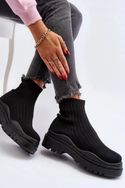 Skarpetkowe Botki Na Masywnej Podeszwie Wsuwane Damskie Czarne Elipara