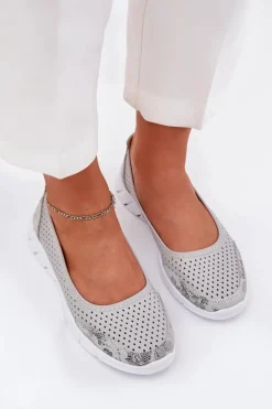 Skórzane Ażurowe Baleriny Vinceza 95323 Szare
