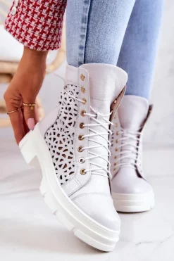 Skórzane Ażurowe Botki Białe Aileen
