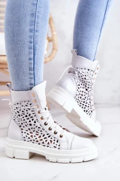 Skórzane Ażurowe Botki Białe Aileen