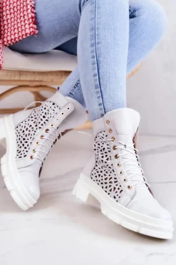 Skórzane Ażurowe Botki Białe Aileen