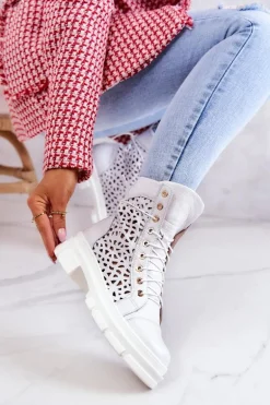Skórzane Ażurowe Botki Białe Aileen