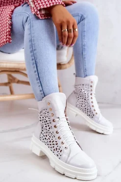 Skórzane Ażurowe Botki Białe Aileen