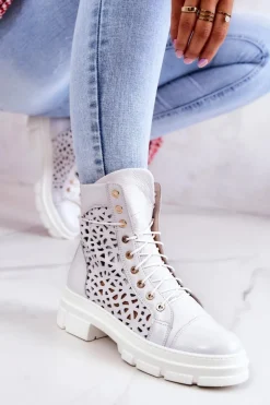 Skórzane Ażurowe Botki Białe Aileen