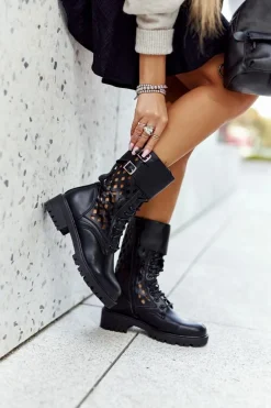 Skórzane Ażurowe Botki Czarne Menie