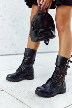 Skórzane Ażurowe Botki Czarne Menie