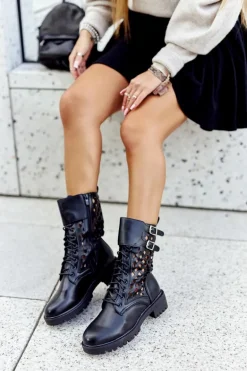 Skórzane Ażurowe Botki Czarne Menie