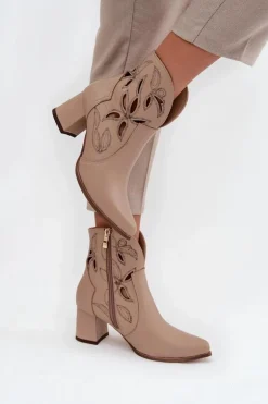 Skórzane Ażurowe Botki Damskie Na Słupku Zazoo 3647 Jasnobeżowe