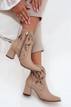 Skórzane Ażurowe Botki Damskie Na Słupku Zazoo 3647 Jasnobeżowe