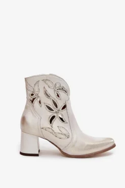 Skórzane Ażurowe Botki Damskie Na Słupku Zazoo 3647 Złoty Przecierany