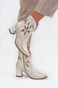 Skórzane Ażurowe Botki Damskie Na Słupku Zazoo 3647 Złoty Przecierany