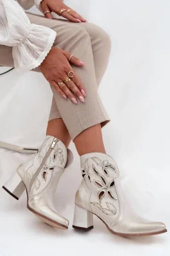 Skórzane Ażurowe Botki Damskie Na Słupku Zazoo 3647 Złoty Przecierany