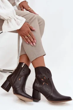 Skórzane Ażurowe Botki Damskie Na Słupku Zazoo 3647 Czekoladowe
