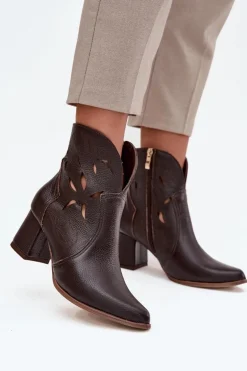 Skórzane Ażurowe Botki Damskie Na Słupku Zazoo 3647 Czekoladowe