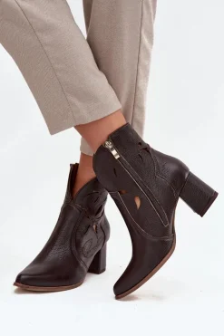 Skórzane Ażurowe Botki Damskie Na Słupku Zazoo 3647 Czekoladowe