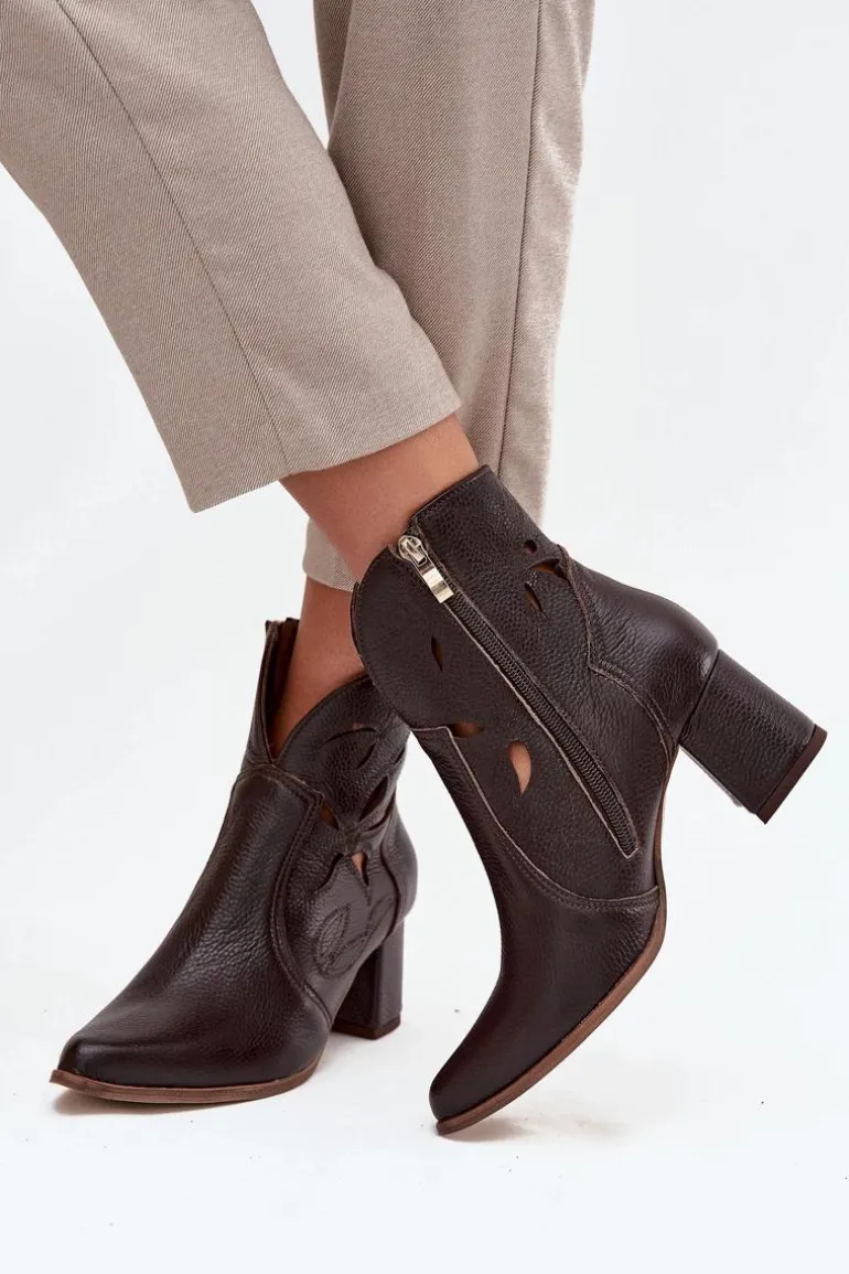 Skórzane Ażurowe Botki Damskie Na Słupku Zazoo 3647 Czekoladowe