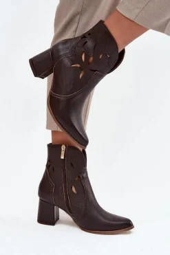 Skórzane Ażurowe Botki Damskie Na Słupku Zazoo 3647 Czekoladowe