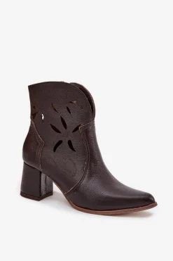 Skórzane Ażurowe Botki Damskie Na Słupku Zazoo 3647 Czekoladowe