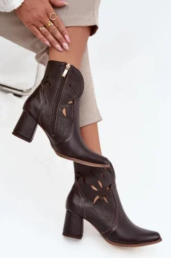 Skórzane Ażurowe Botki Damskie Na Słupku Zazoo 3647 Czekoladowe