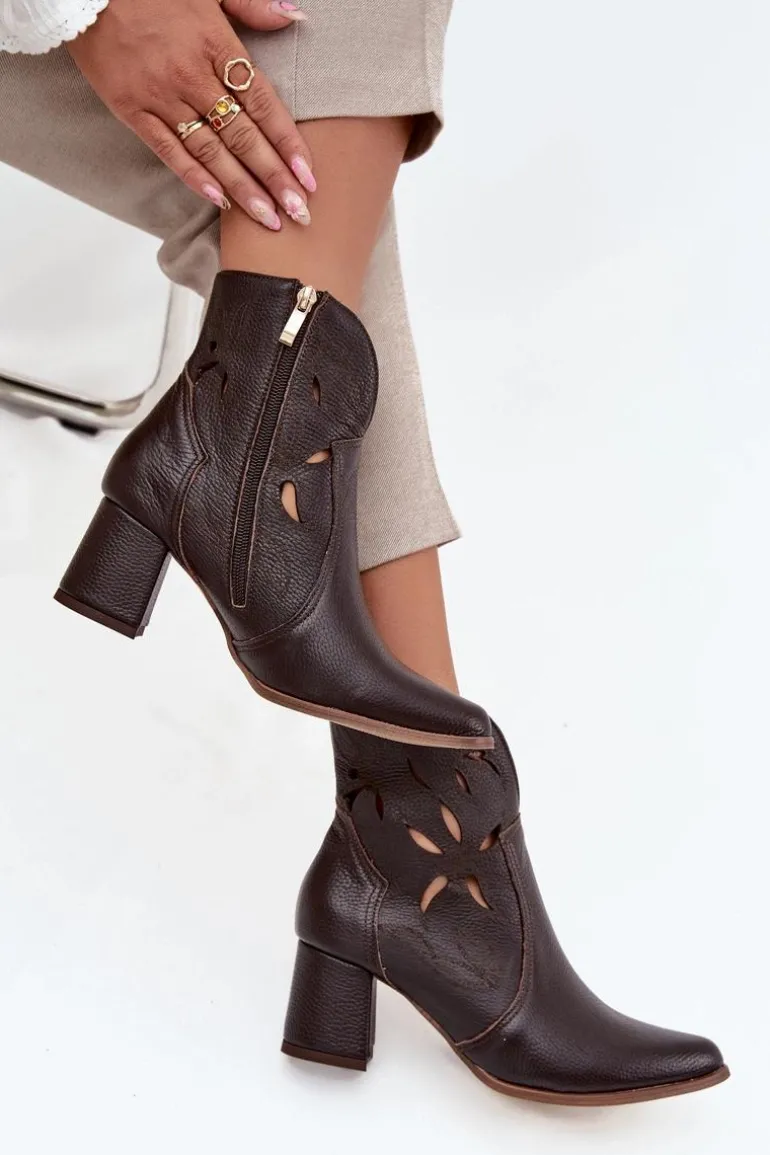 Skórzane Ażurowe Botki Damskie Na Słupku Zazoo 3647 Czekoladowe