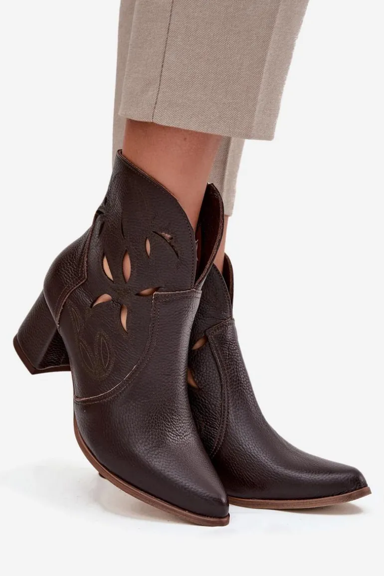 Skórzane Ażurowe Botki Damskie Na Słupku Zazoo 3647 Czekoladowe