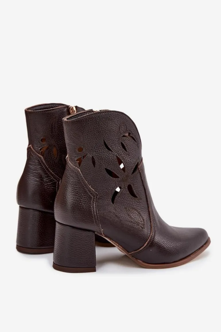 Skórzane Ażurowe Botki Damskie Na Słupku Zazoo 3647 Czekoladowe