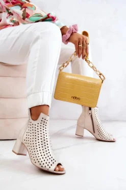 Skórzane Ażurowe Botki Maciejka 05420-04 Beżowe