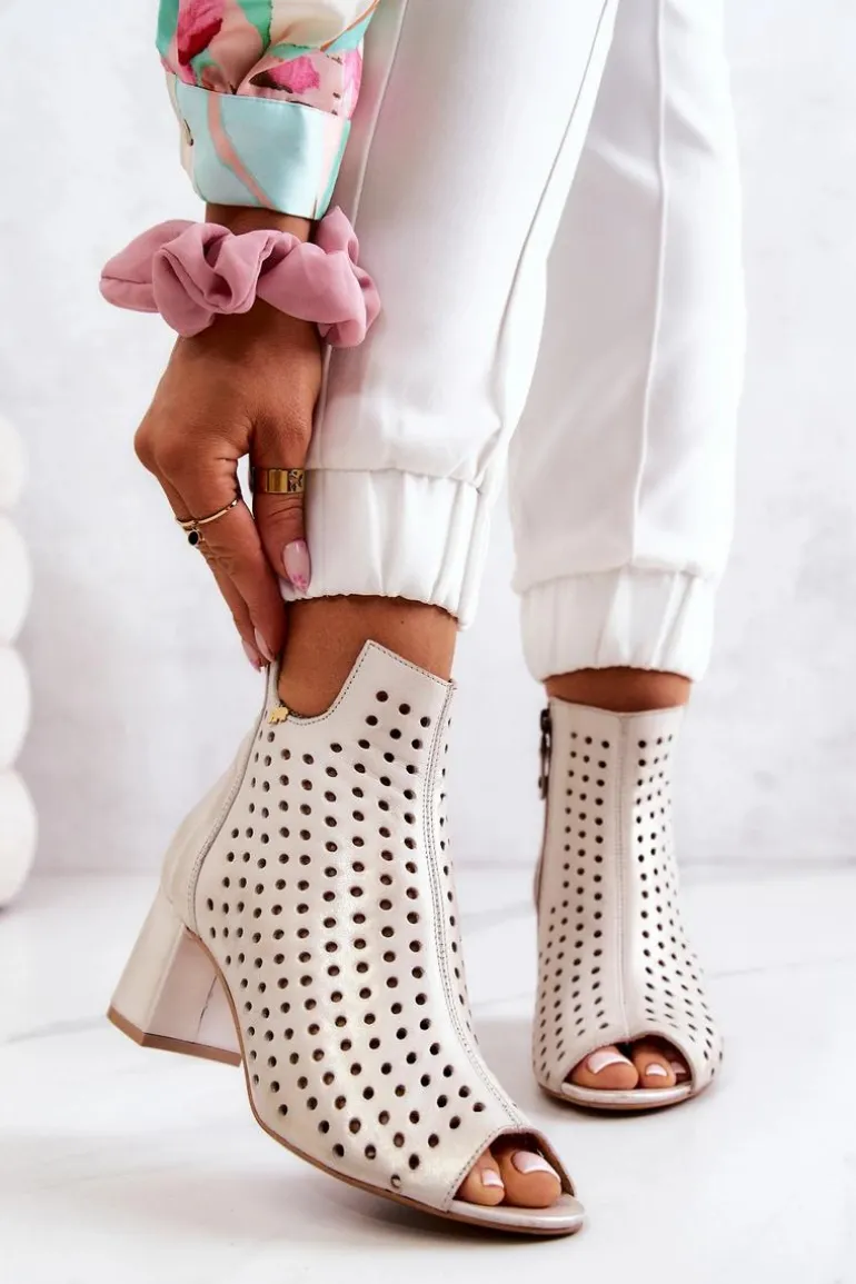 Skórzane Ażurowe Botki Maciejka 05420-04 Beżowe