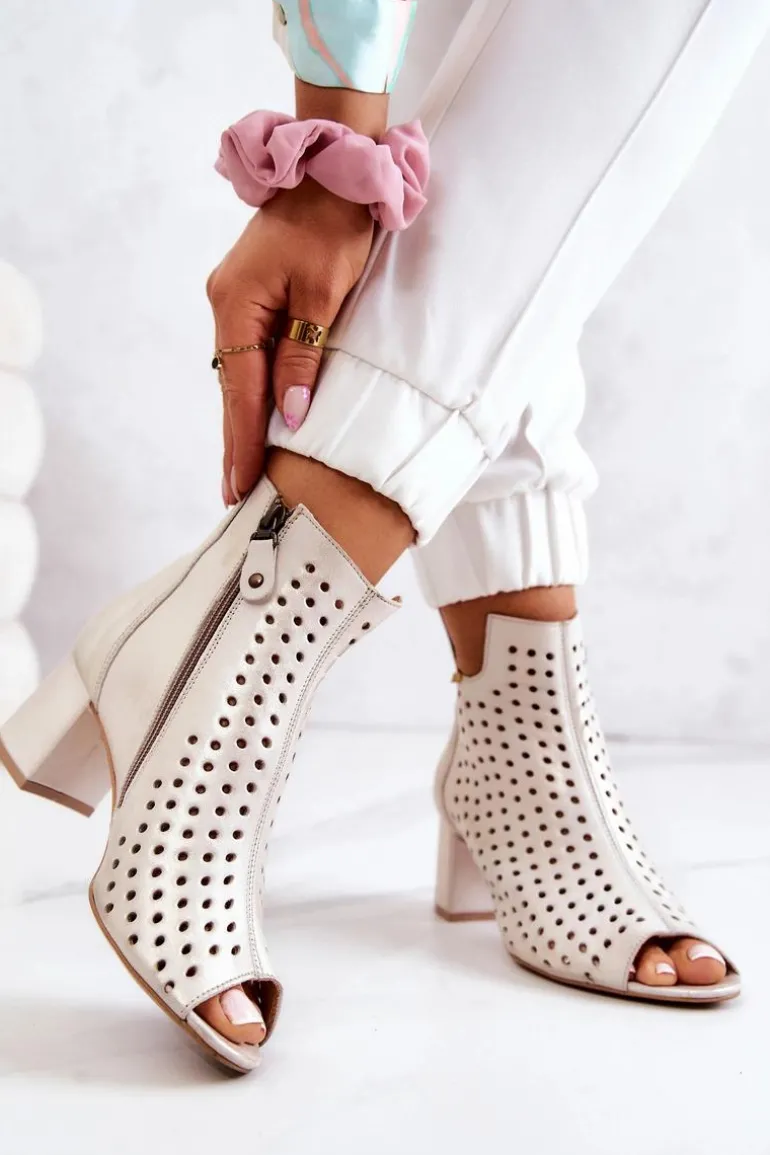 Skórzane Ażurowe Botki Maciejka 05420-04 Beżowe